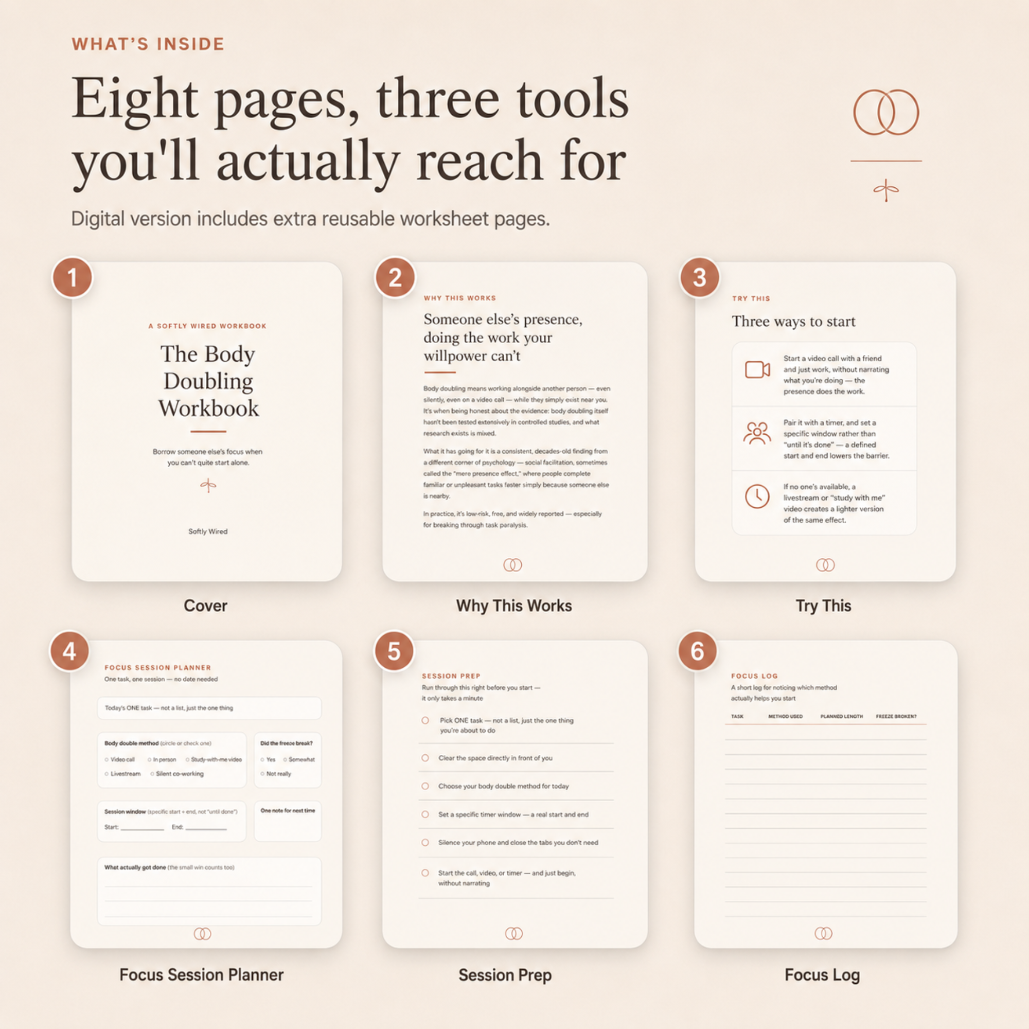 The eight pages and three tools inside the workbook