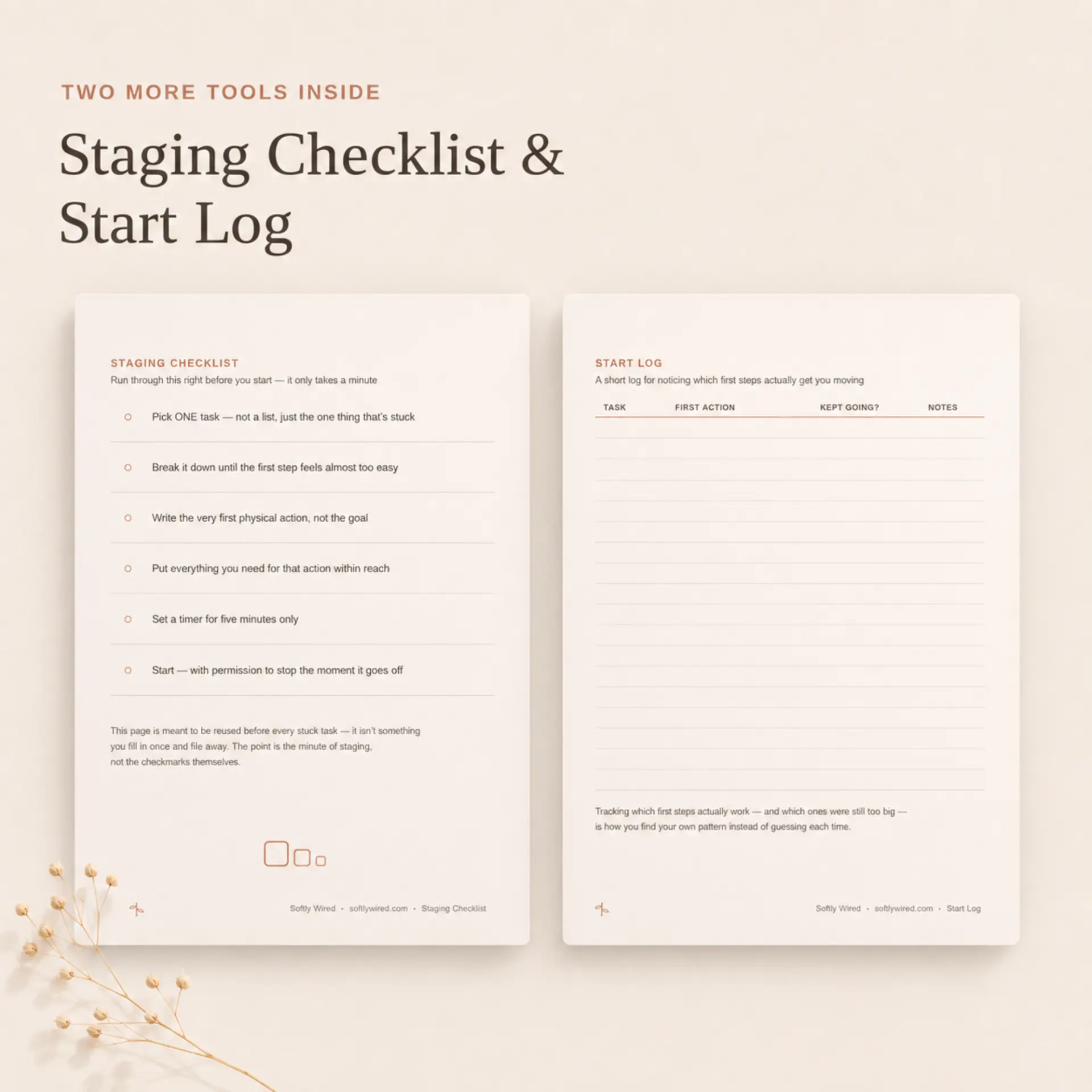Staging Checklist and Start Log worksheets