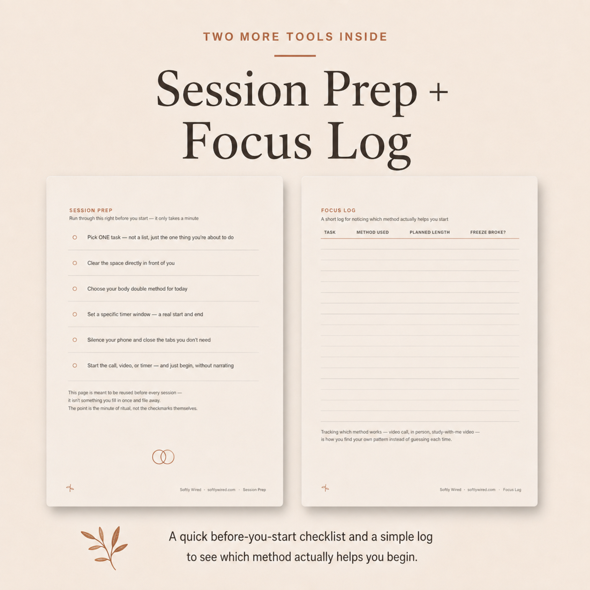 Session Prep checklist and Focus Log worksheets