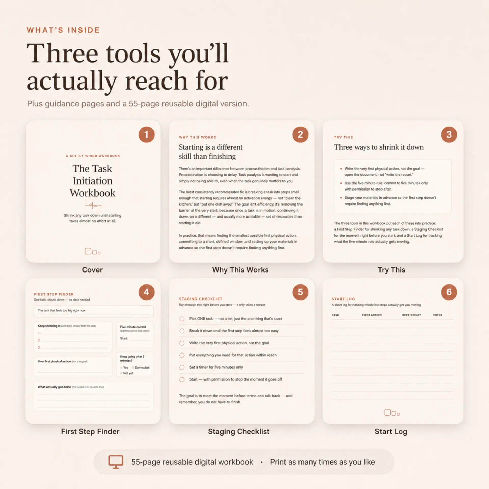 The six pages and three tools inside the workbook