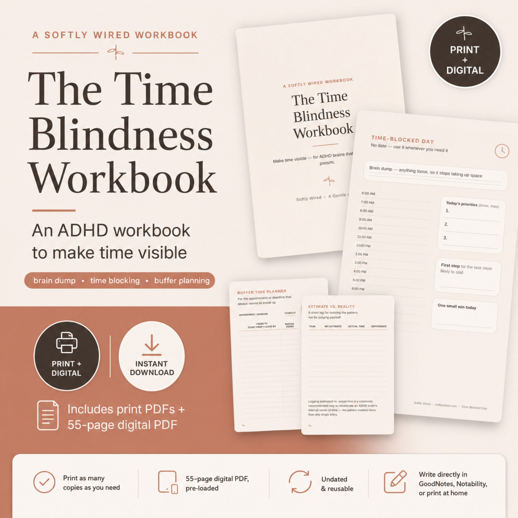 The Time Blindness Workbook cover and sample pages