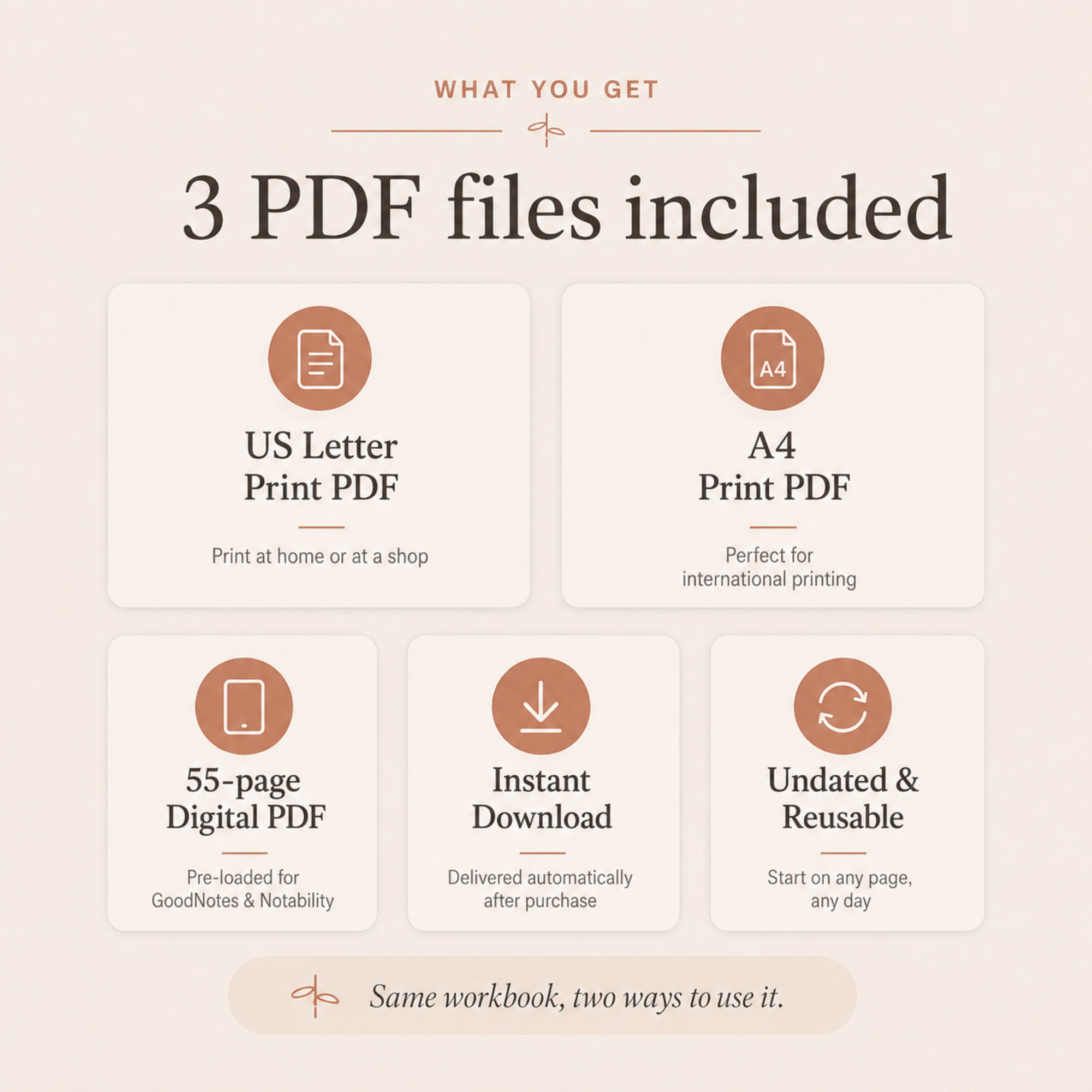 The three PDF files included with the workbook