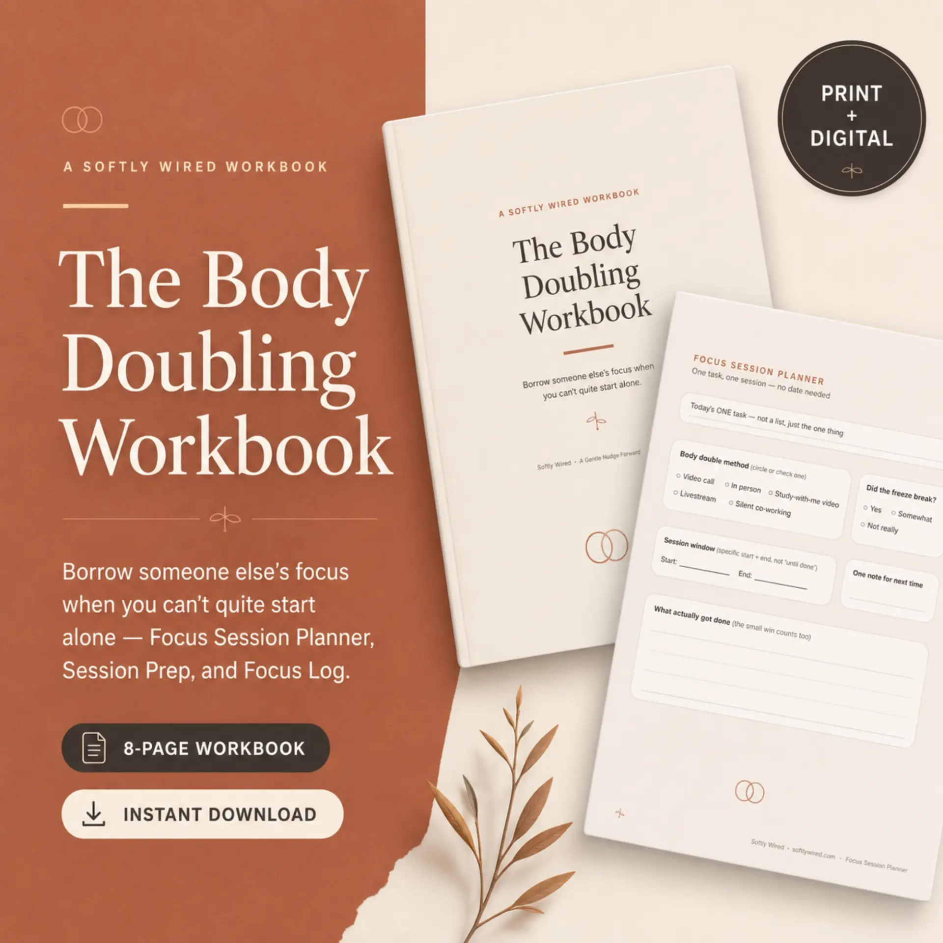 The Body Doubling Workbook cover and Focus Session Planner page